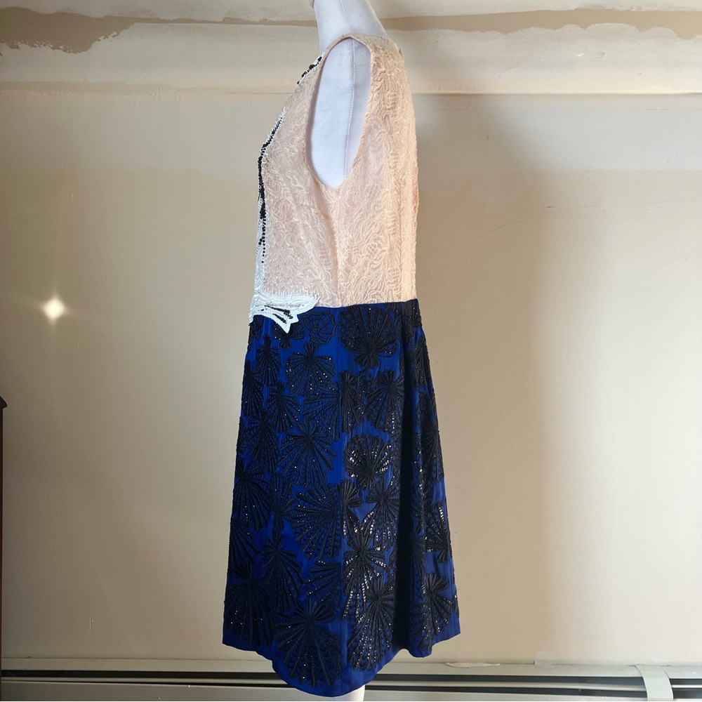 Emilio Pucci Blush Lace Beaded Bird Sleeveless Blue Scallop Shell Dress size 14 - Picture 8 of 15